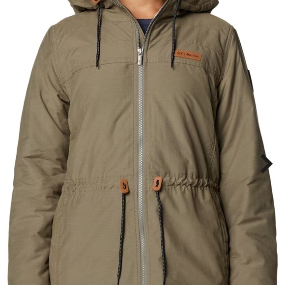 Columbia Womens Insulated Hooded Parka Jacket Khaki Green Drawstring Waist - Picture 1 of 6